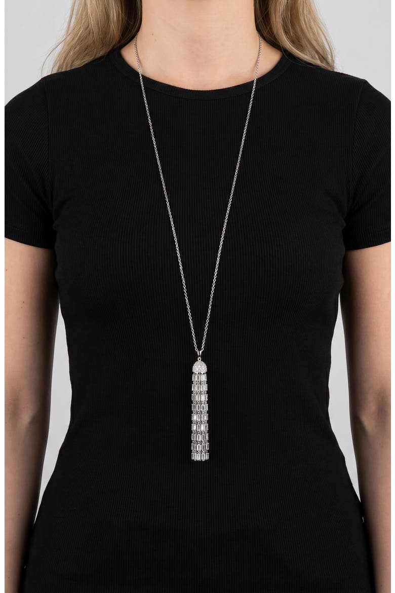 Pavé Baguette Cubic Zirconia Tassel Pendant Necklace, Alternate, color, CLEAR SILVER