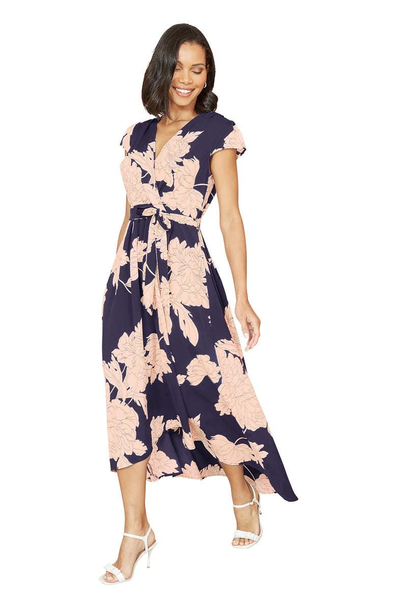 Yumi Blossom Print Dipped Hem Wrap Midi Dress, Alternate, color, Navy