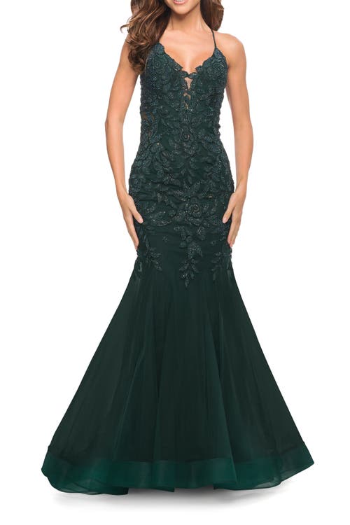 La Femme Mermaid Tulle And Lace Jeweled Prom Dress In Dark Emerald