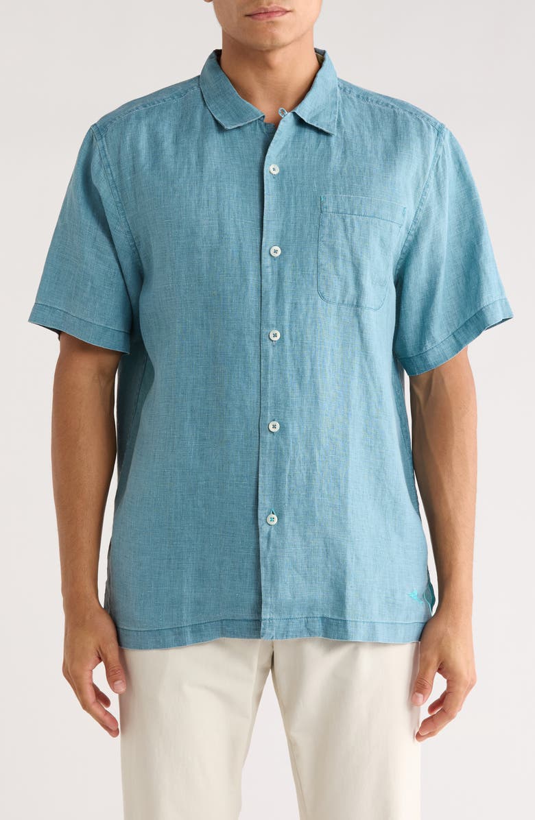 Tommy Bahama Sea Glass Short Sleeve Button-Up Linen Camp Shirt, Main, color, Belle Blue