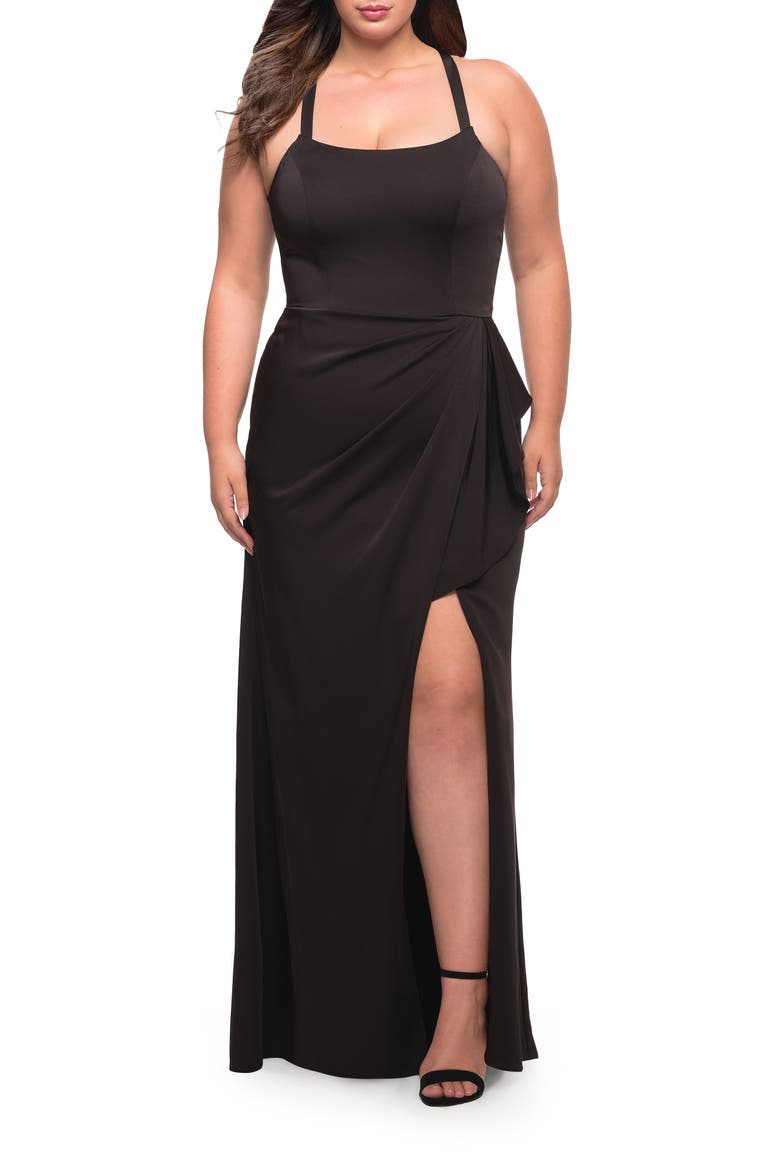 Elegant Jersey Gown with Ruffle Slit Detail, Alternate, color, BLACK