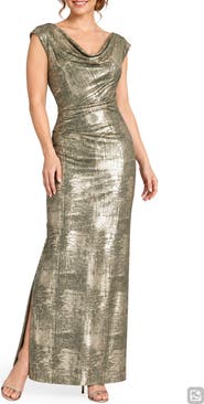 Connected Apparel Metallic Cowl Neck Sleeveless Gown