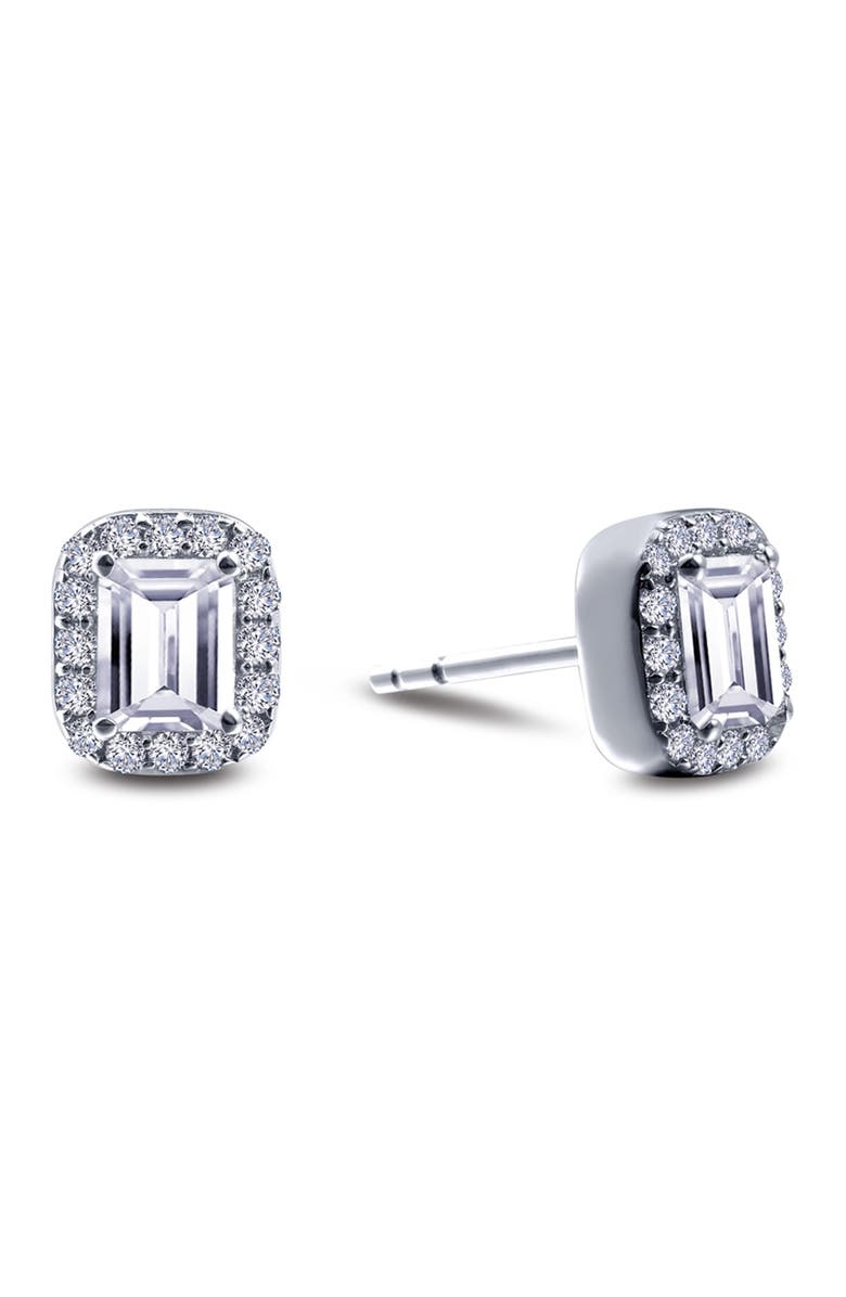 Lafonn Platinum Plated Sterling Silver Emerald Cut Simulated Diamond Earrings, Main, color,