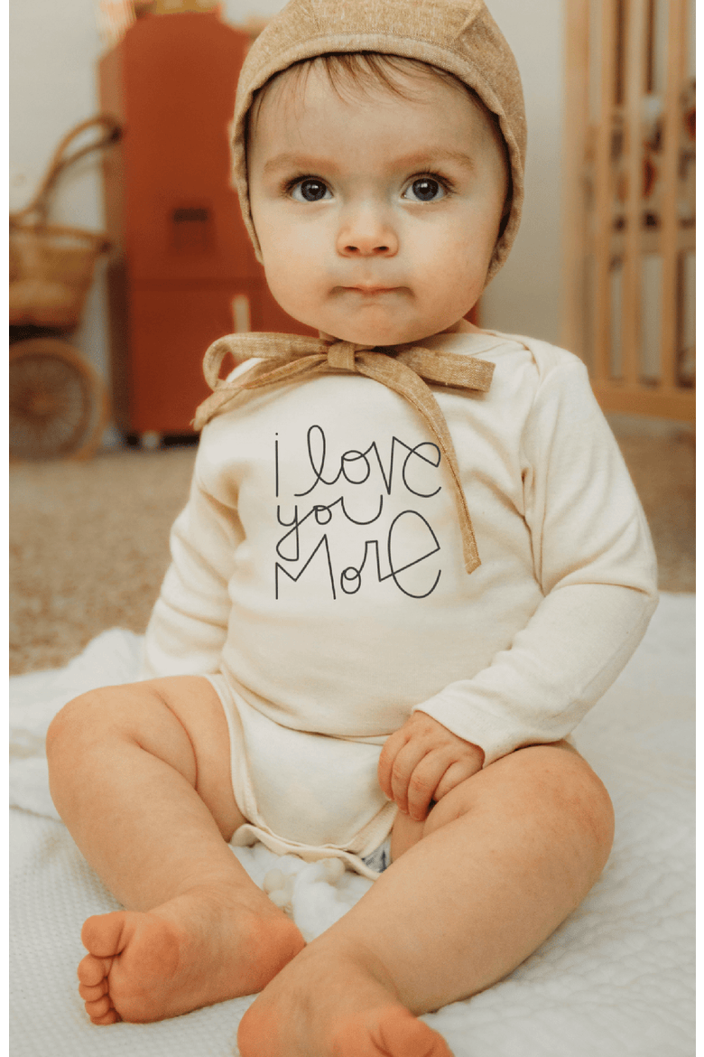 I Love You More Gender Inclusive Organic Baby Bodysuit Long Sleeve, Alternate, color, Natural Black Lettering