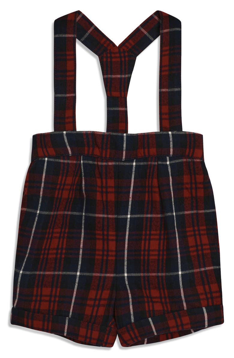 JOJO MAMAN BEBE Peter Pan Collar Bodysuit & Plaid Suspender Shorts Set, Alternate, color, 