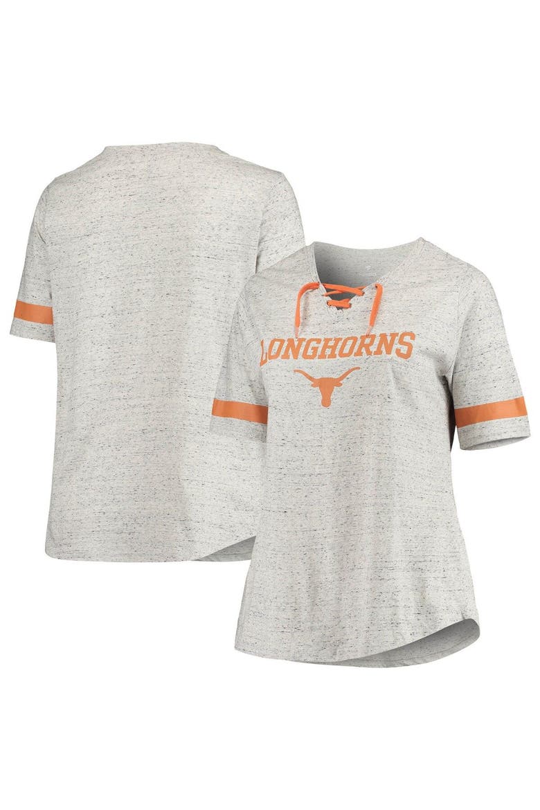 Women's Heathered Gray Texas Longhorns Plus Size Lace-Up V-Neck T-Shirt, Alternate, color, Heather Gray