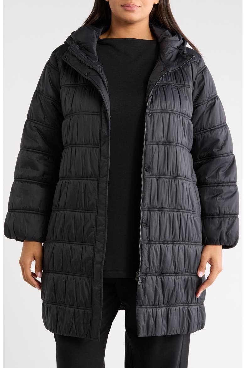 Quilted Ruched Recycled Nylon Hooded Jacket, Main, color, BLACK