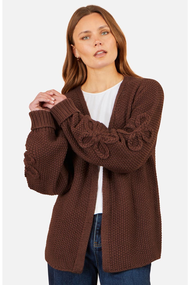 Knitted Flower Detail Sleeve Cardigan, Alternate, color, Brown