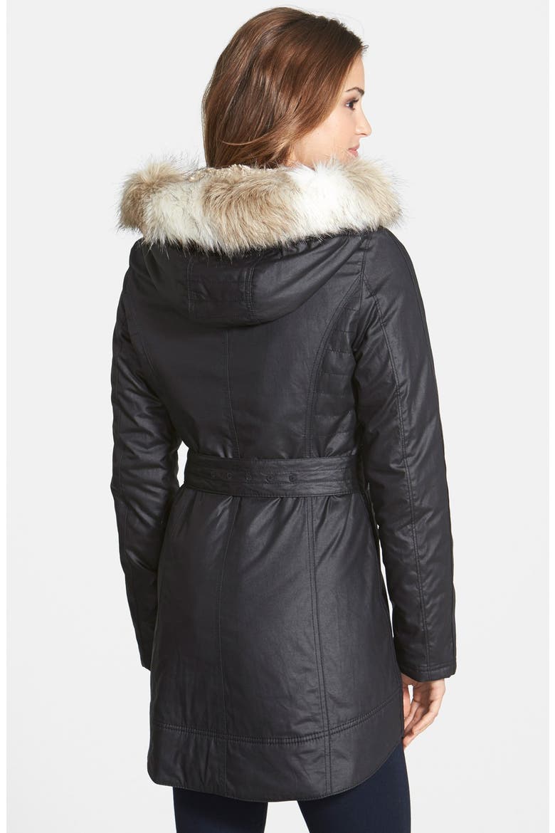 Faux Fur Trim Belted Parka, Alternate, color, BLACK
