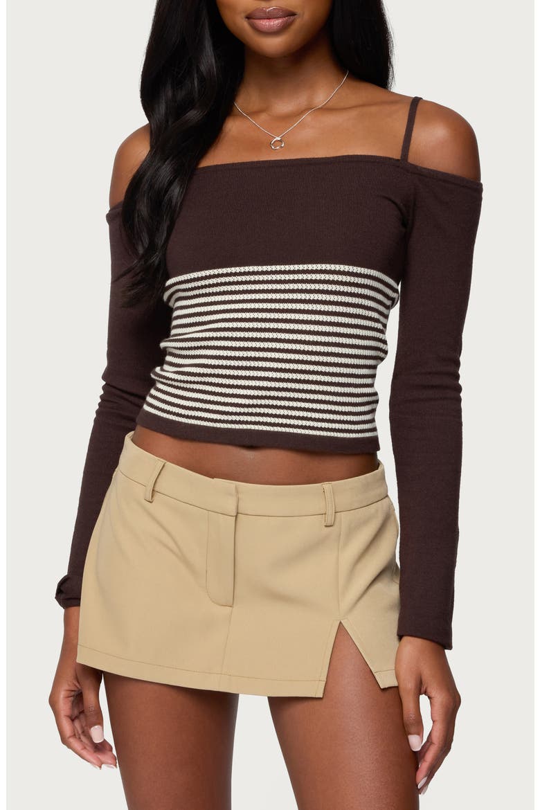 Darya Stripe Cold Shoulder Crop Top, Main, color, BROWN