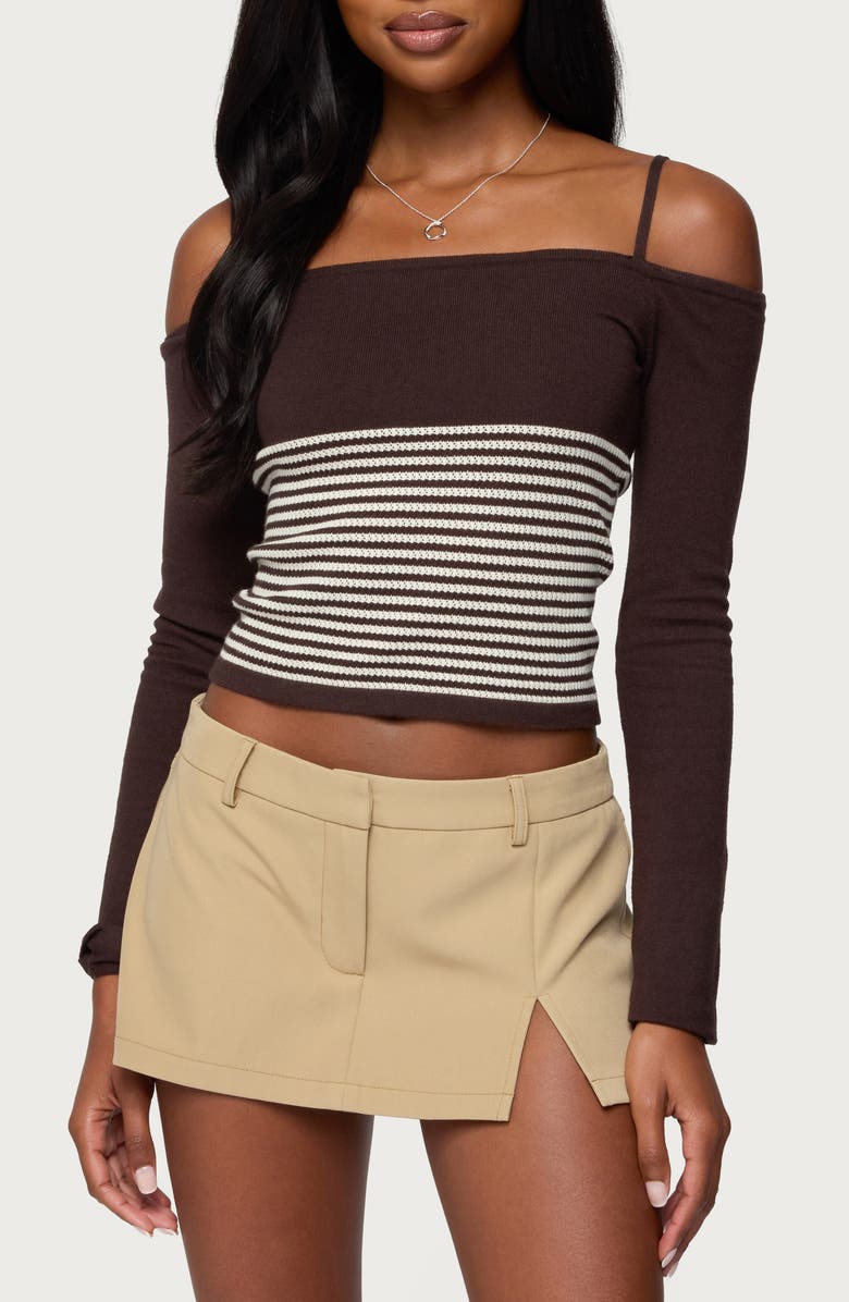 EDIKTED Darya Stripe Cold Shoulder Crop Top, Main, color, Brown