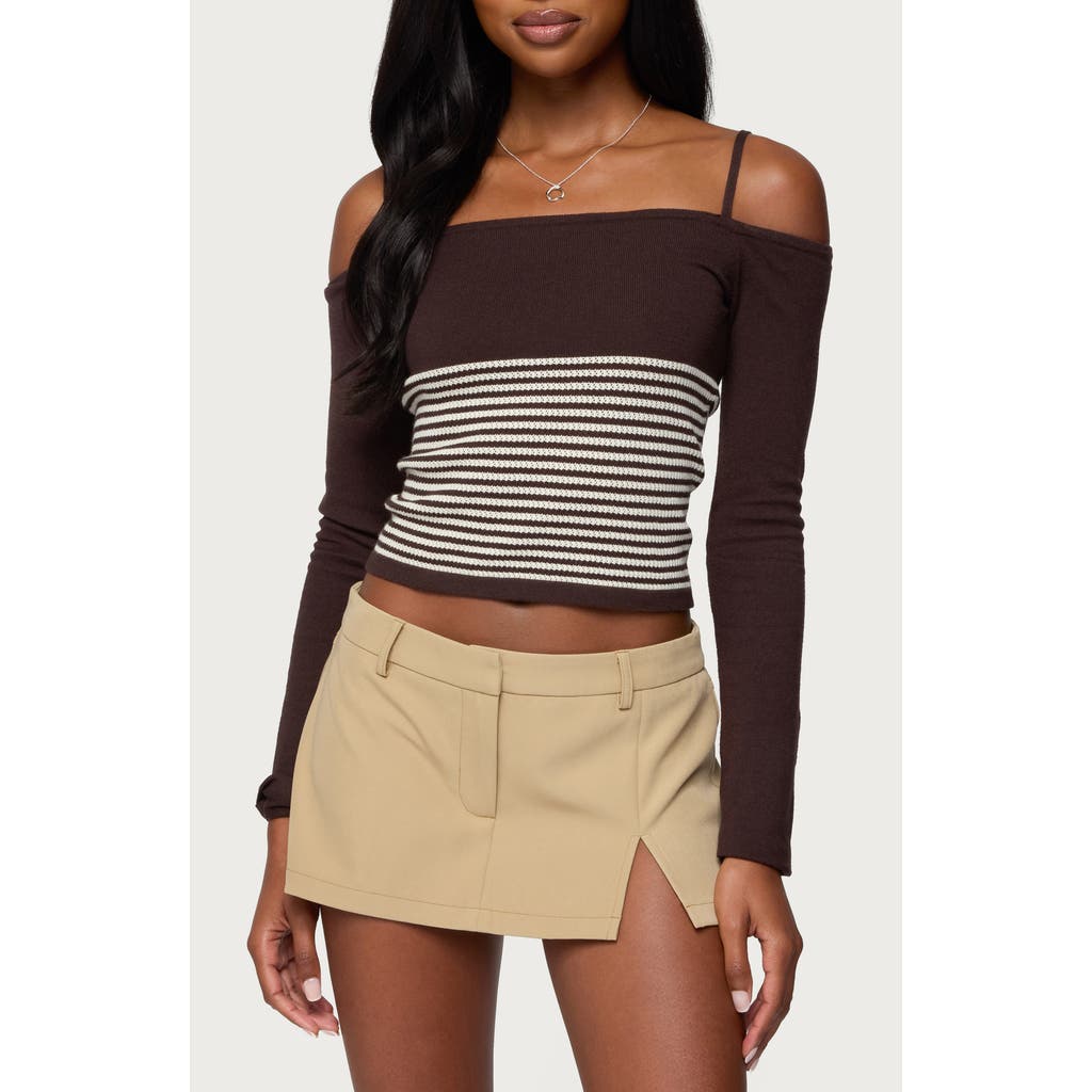 Edikted Darya Stripe Cold Shoulder Crop Top In Black