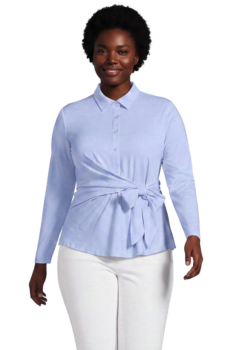 Plus Size Long Sleeve Lightweight Jersey Adjustable Tie Collar Top, Main, color, Clearlake Blue