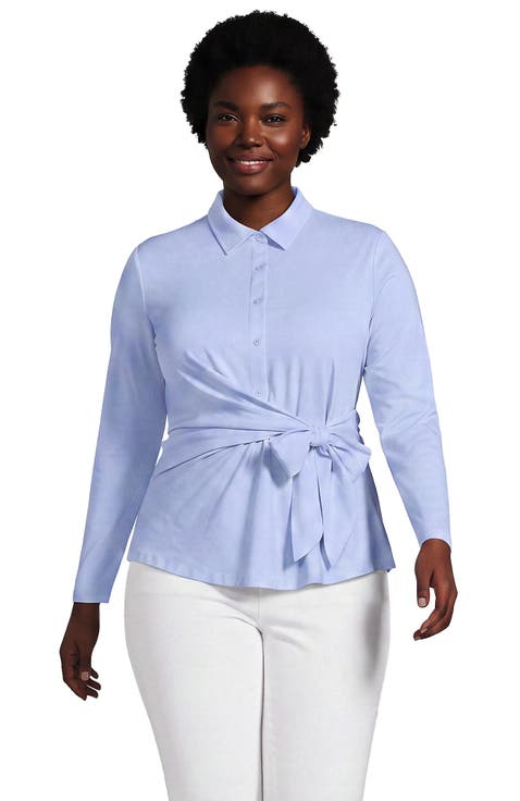 Plus Size Long Sleeve Lightweight Jersey Adjustable Tie Collar Top