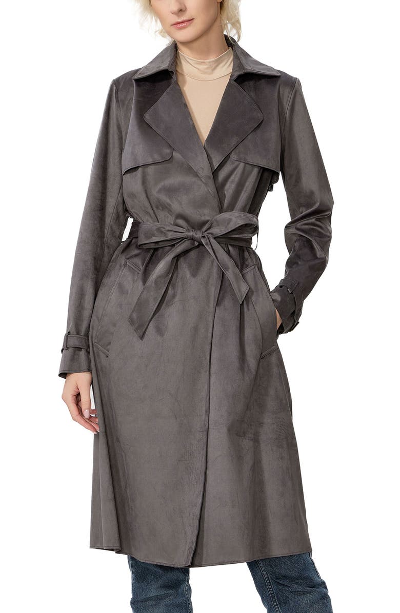 Kimi & Kai Women's Aria Long Faux Suede Trench Coat, Main, color, Dark Gray