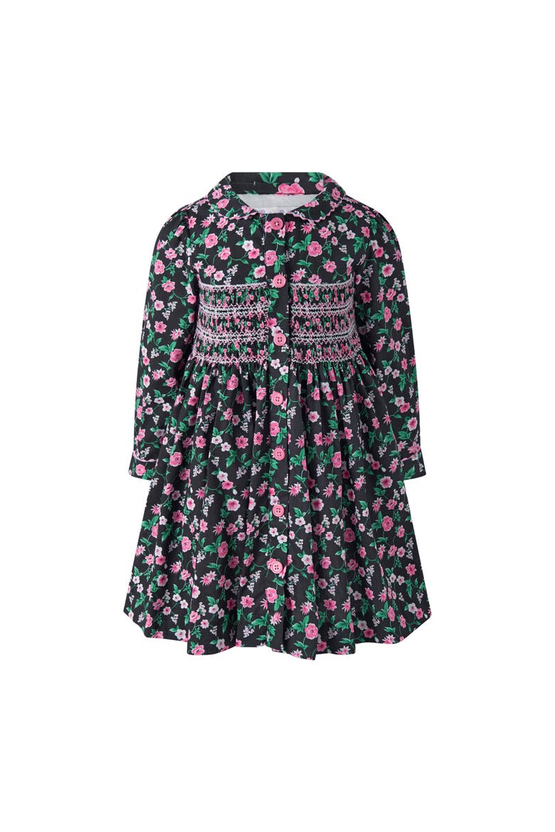 Floral Smocked Button Front Dress, Main, color, Black