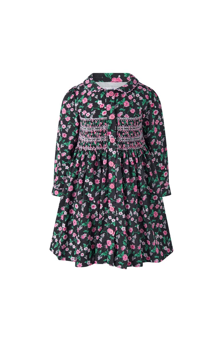 Rachel Riley Floral Smocked Button Front Dress, Main, color, Black