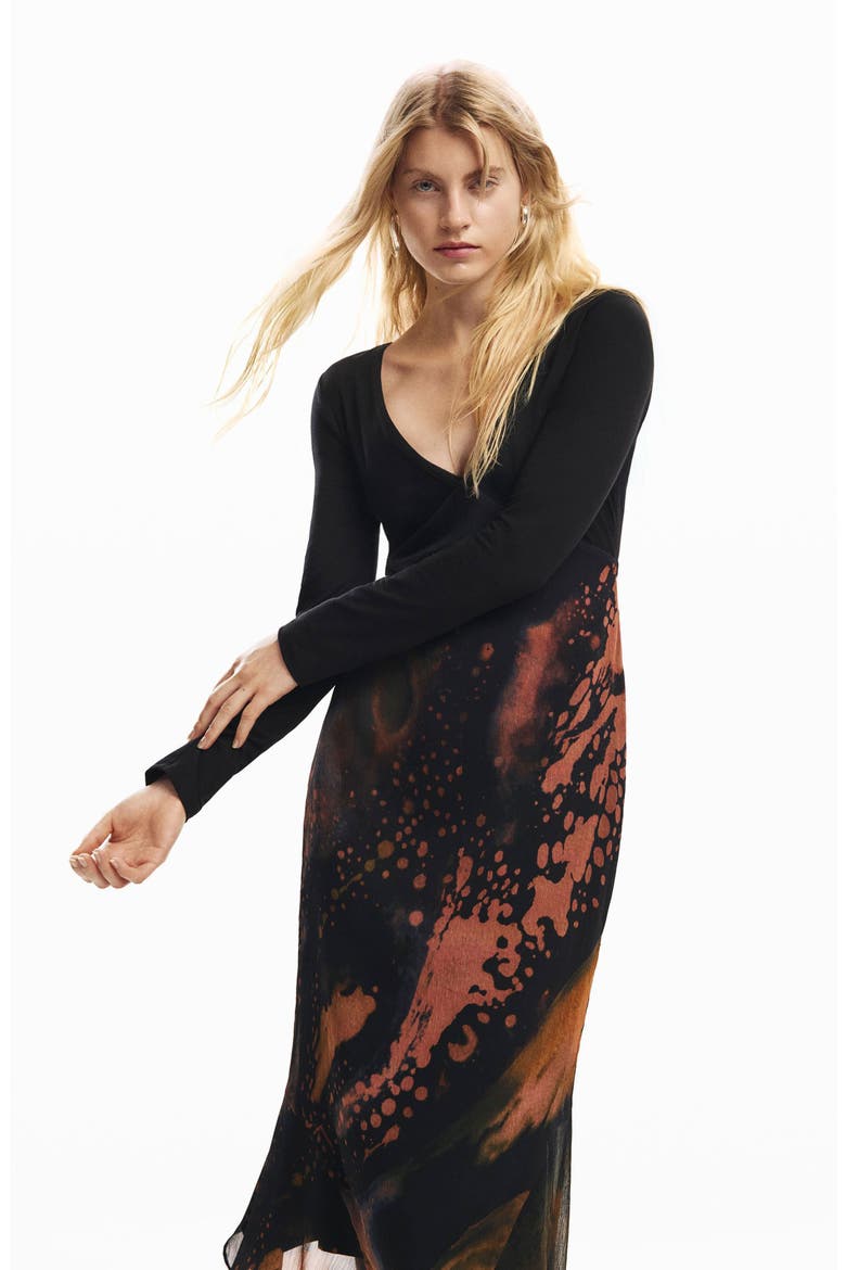 Abstract Print Long Sleeve Dress, Alternate, color, BLACK