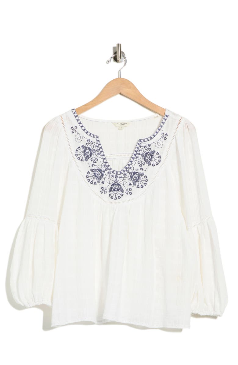MAX STUDIO Embroidered Long Sleeve Cotton Top, Main, color, White/ Navy