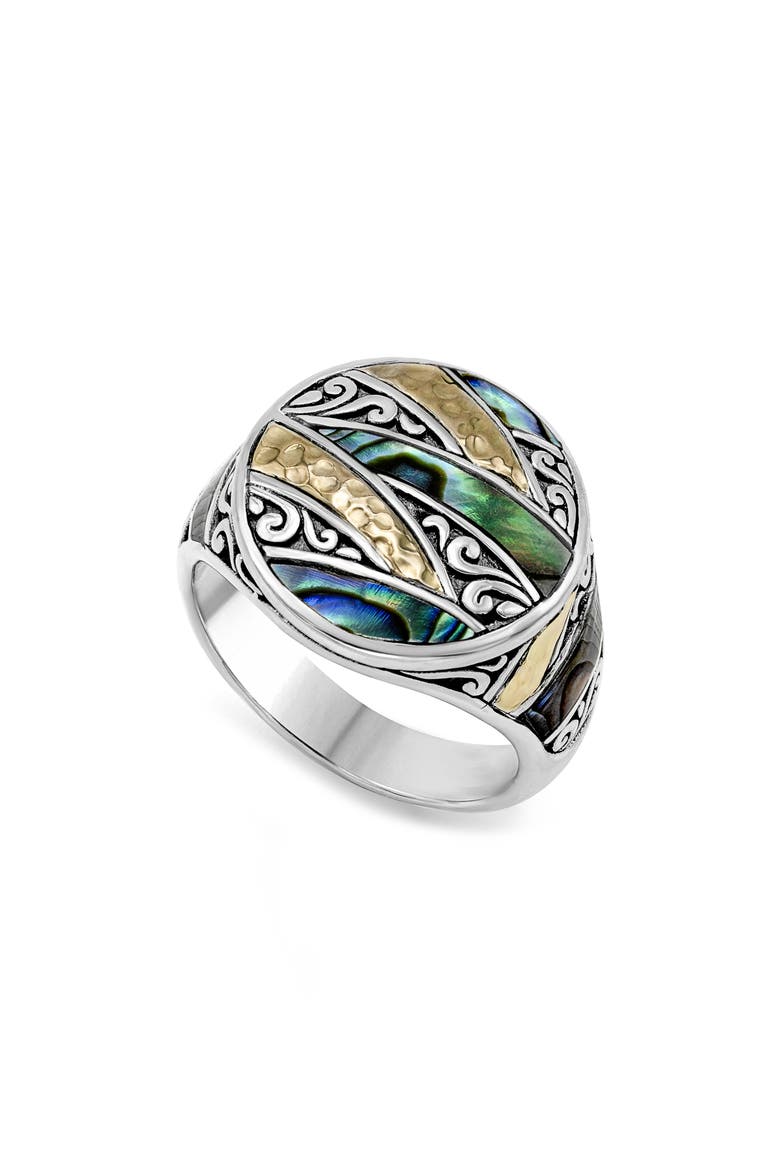 Sterling Silver & 18K Gold Abalone Signet Ring, Main, color, BLUE/ GREEN