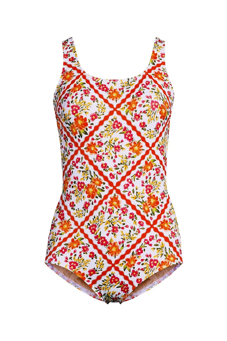 Tugless Low Leg One Piece Swimsuit, Alternate, color, White/Orange Scarf Floral