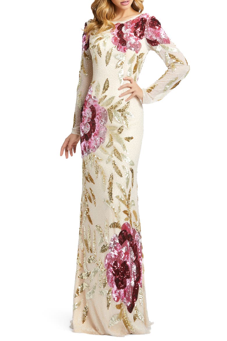 Long Sleeve Sequin Column Gown, Main, color, NUDE