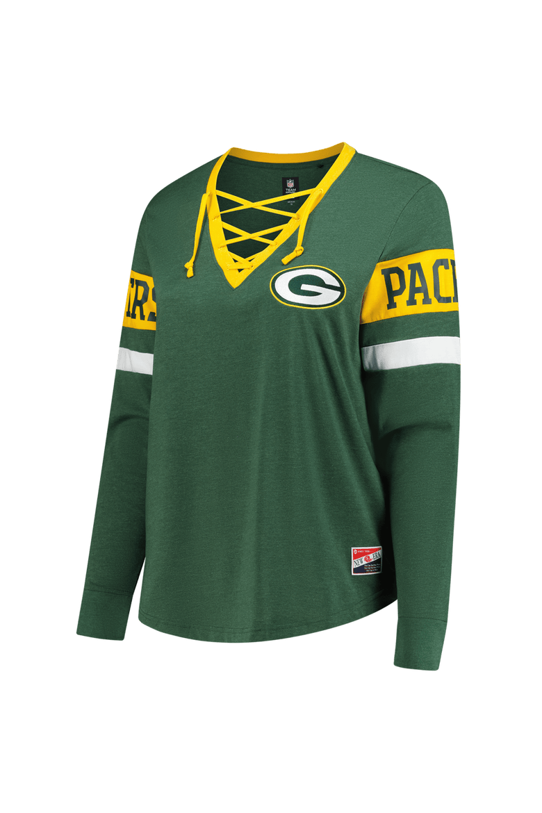Women's New Era Green Green Bay Packers Plus Size Throwback Lace-Up Long Sleeve T-Shirt, Alternate, color, Green