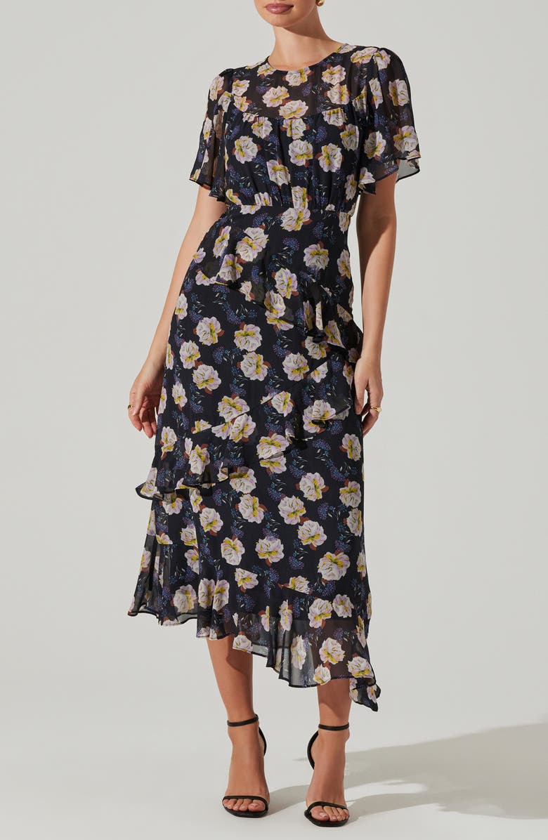 ASTR the Label Floramae Floral Ruffle Detail Short Sleeve Midi Dress, Main, color,