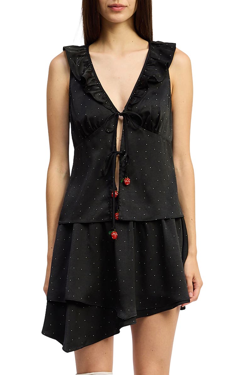 JACQUIE THE LABEL Tegan Polka Dot Ruffle Split Front Satin Top, Main, color, 