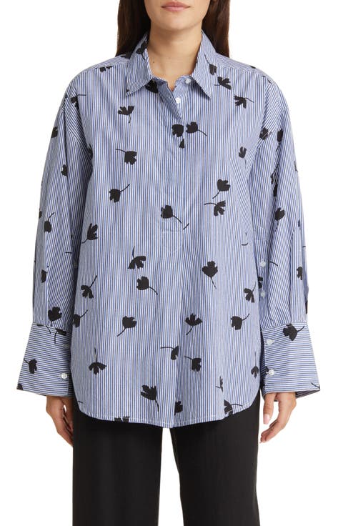 Gila Floral Stripe Cotton Poplin Tunic Top