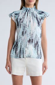 Calvin Klein Printed Mock Neck Chiffon Top