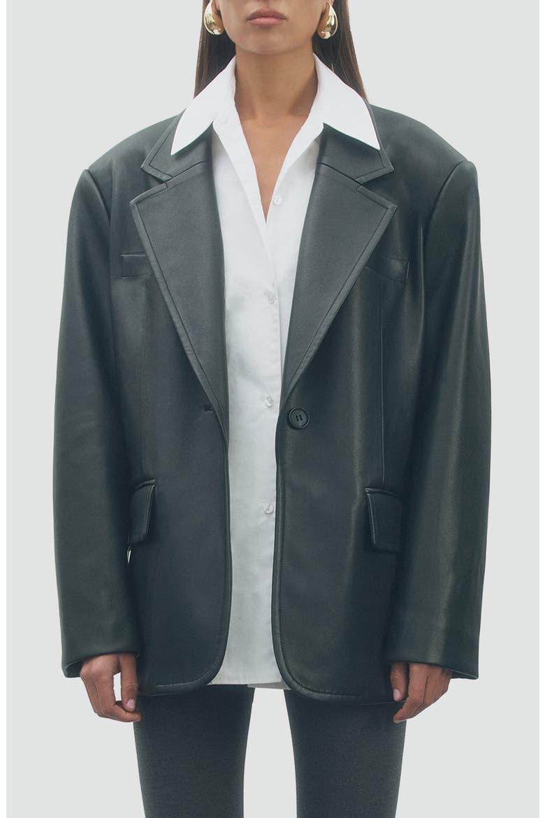 Aaron Faux Leather Blazer with Detachable Shirt Detail, Main, color, BLACK WHITE