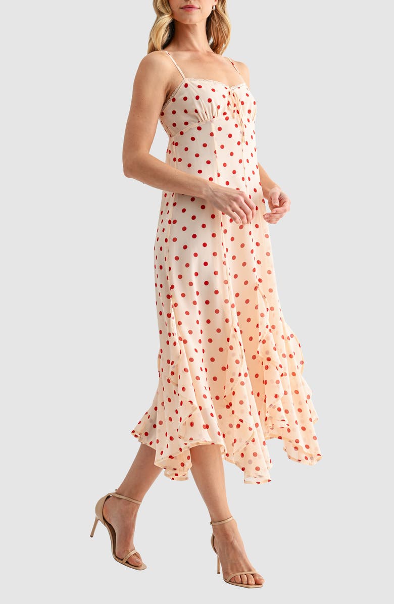 Lush Ruffle Handkerchief Hem Midi Dress, Alternate, color, Cream Burgundy Dot