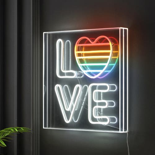 Jonathan Y Love Square Contemporary Glam Acrylic Box Usb Operated Led Neon Light In White/rainbow