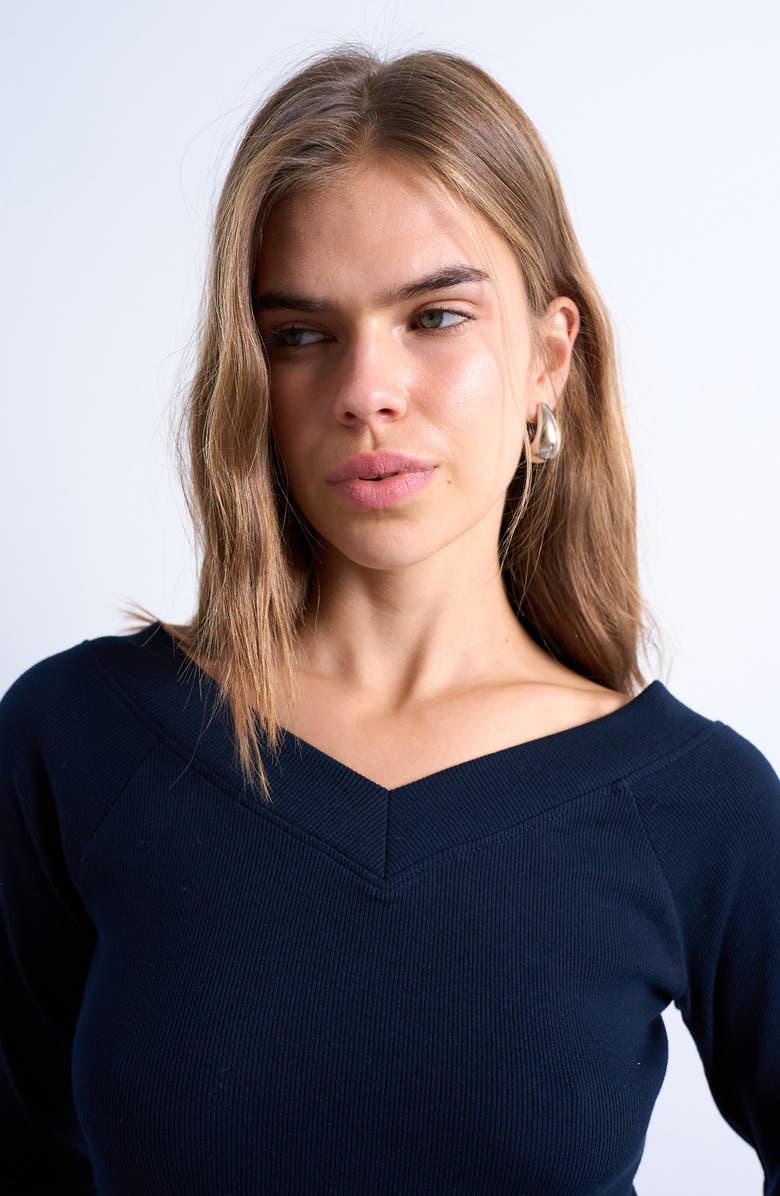 Topshop Raglan Sleeve Rib Top, Alternate, color, Navy