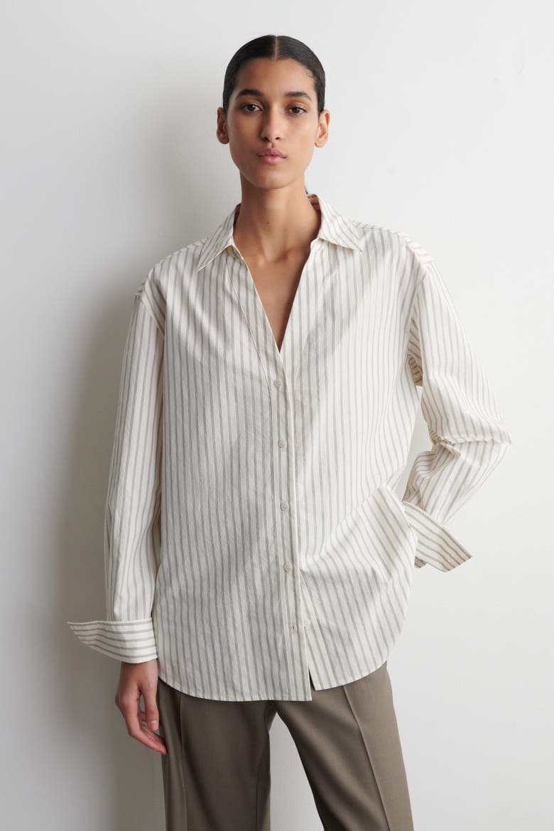 Open-Collar Cotton-Poplin Shirt, Main, color, BEIGE / STRIPED