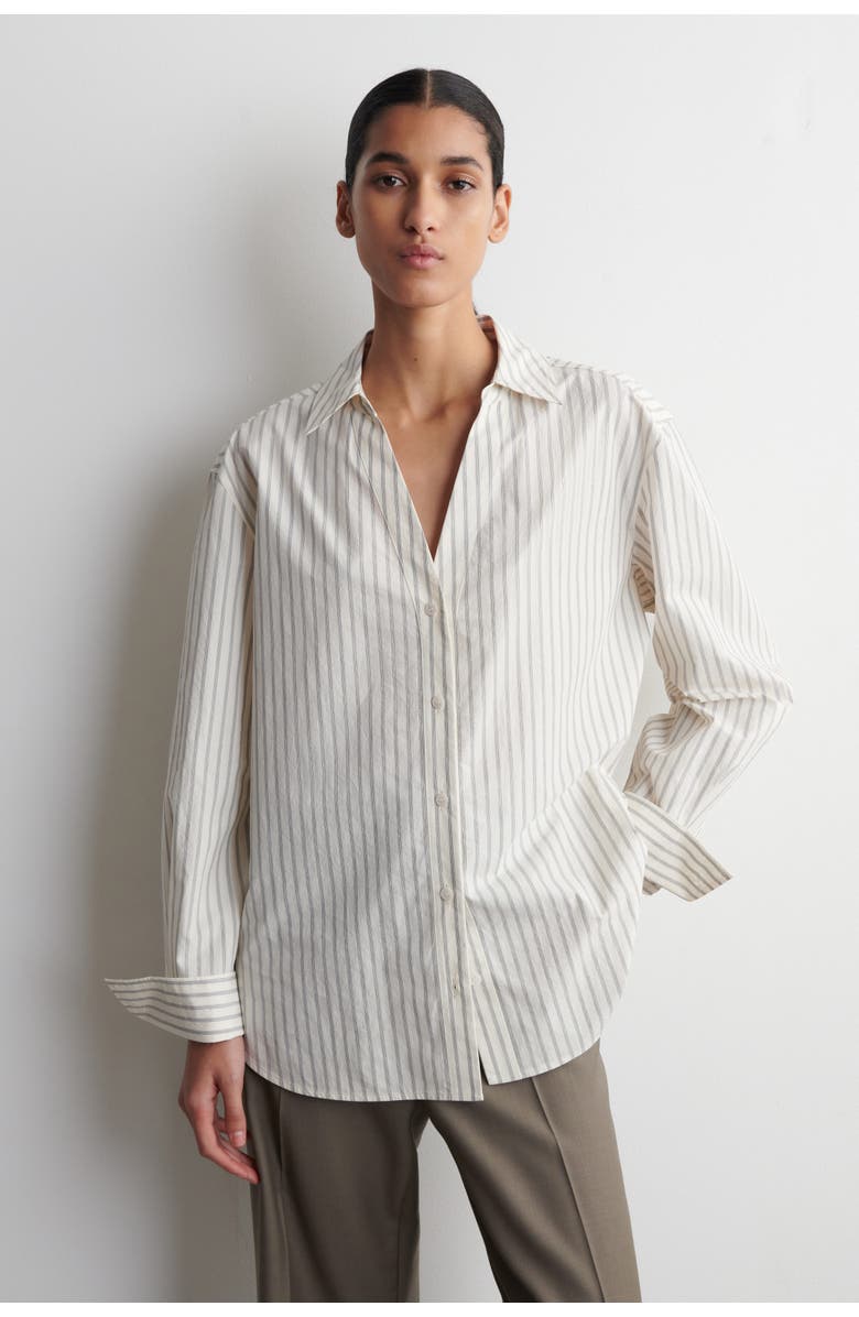 COS Open-Collar Cotton-Poplin Shirt, Main, color, Beige / Striped
