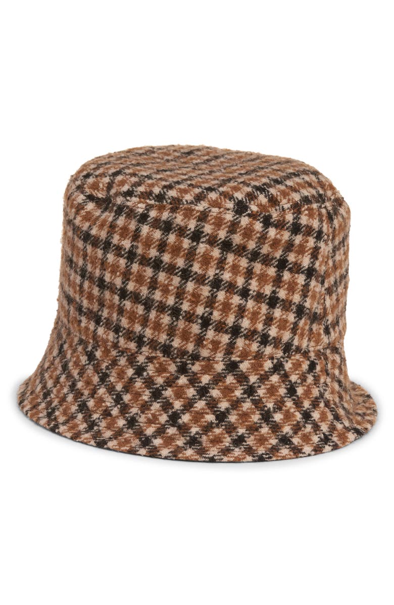 Moncler Reversible Check Logo Patch Bucket Hat, Alternate, color, Brown/ Beige Check
