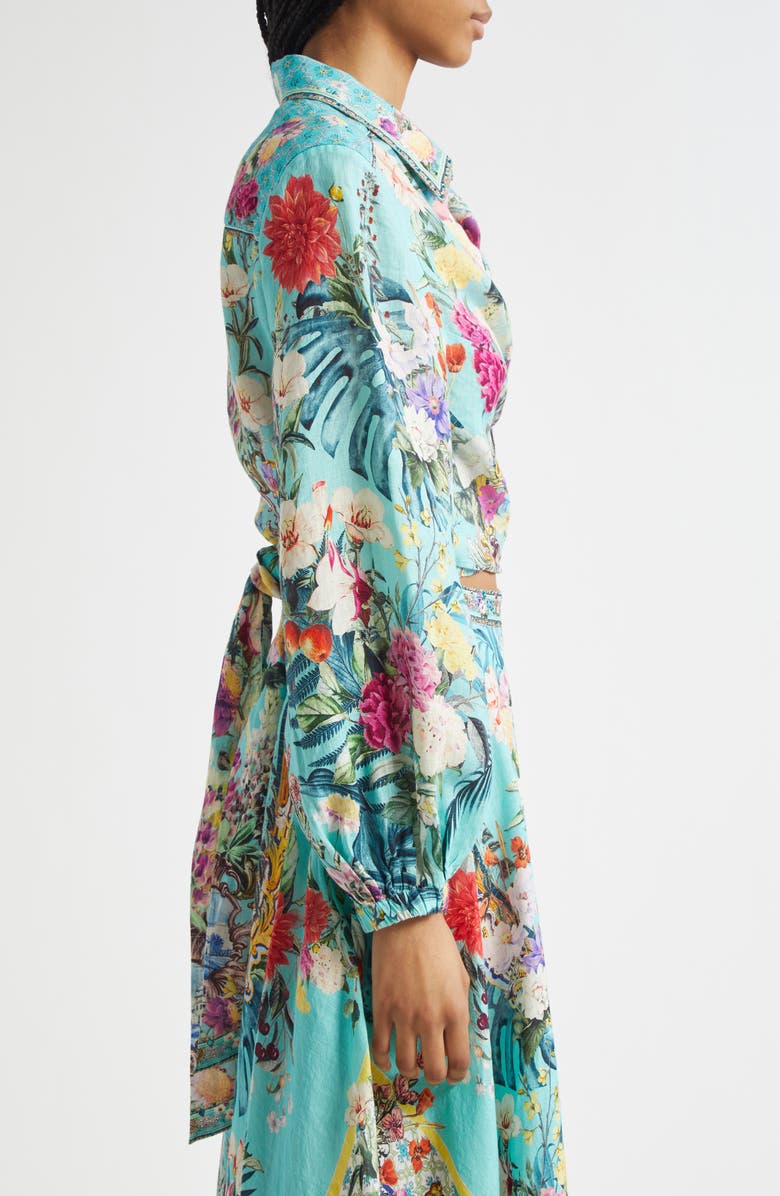 Camilla Crystal Embellished Crop Linen Wrap Shirt, Alternate, color, Gardens Of Queluz