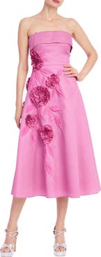 Badgley Mischka Collection Beaded Floral Appliqué Strapless Cocktail Dress