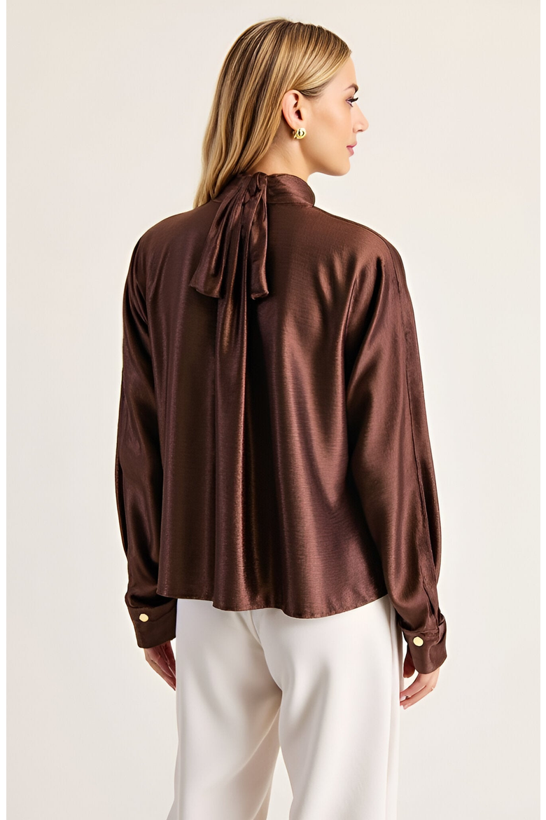 Satin Long Sleeve Blouse with Gathered Neckline and Tie Back Bow, Alternate, color, Brown