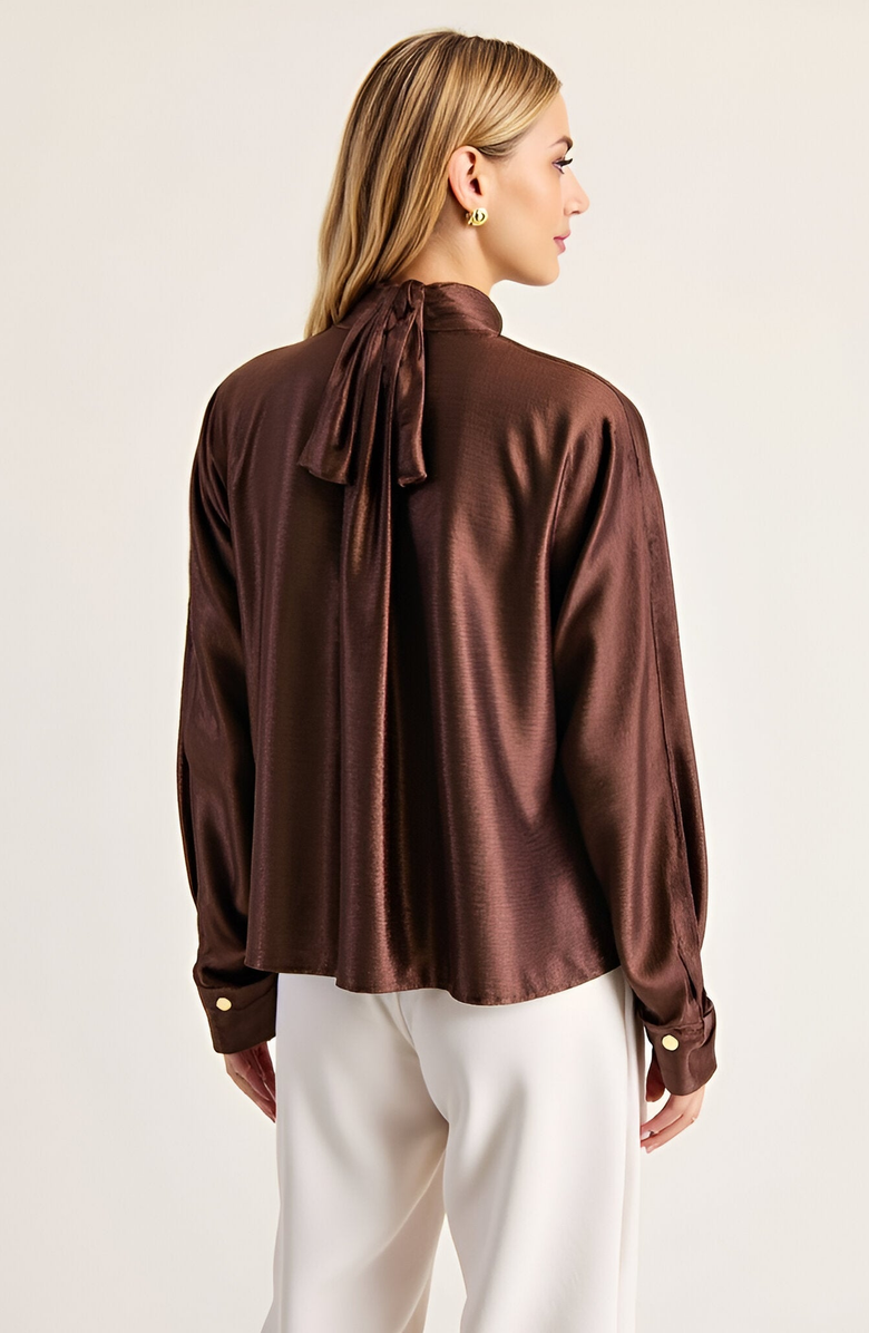 Modenaire Satin Long Sleeve Blouse with Gathered Neckline and Tie Back Bow, Alternate, color, Brown