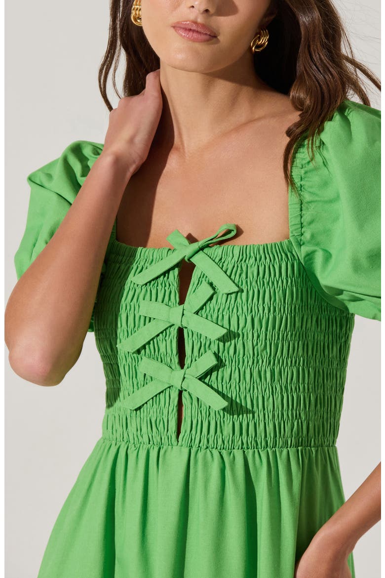 Bow Detail Smock Bodice Cotton Blend Dress, Alternate, color, GREEN