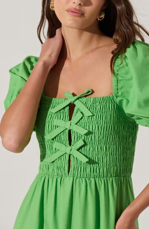 Astr The Label Bow Detail Smock Bodice Cotton Blend Dress In Green