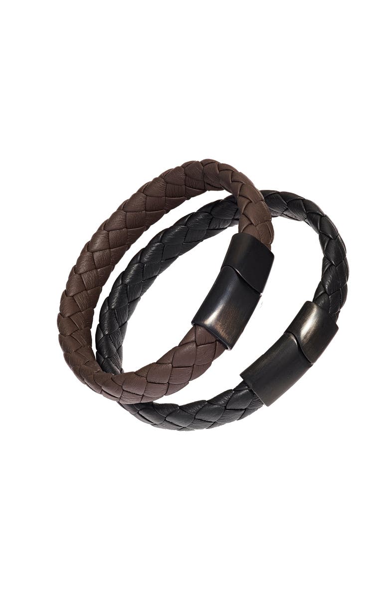 Link Up Braided Leather Bracelet with Stainless Steel Magnetic Closure, Alternate, color, Black