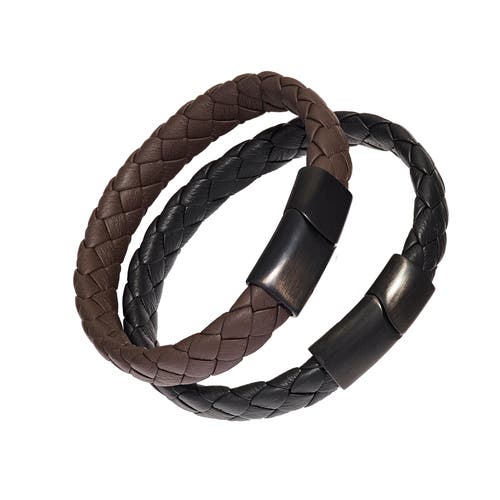 Link Up Braided Leather Bracelet With Stainless Steel Magnetic Closure In Black