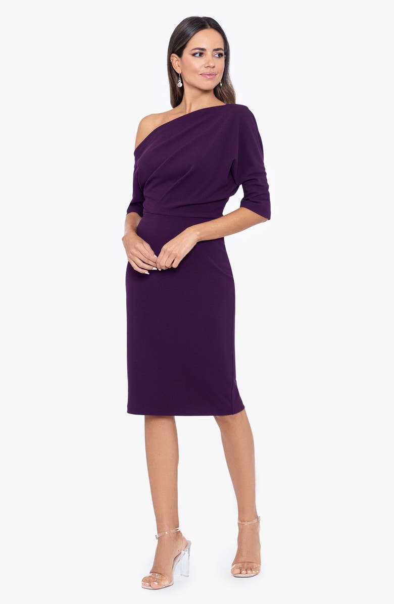 Betsy & Adam One-Shoulder Crepe Scuba Sheath Dress, Alternate, color, Mulberry