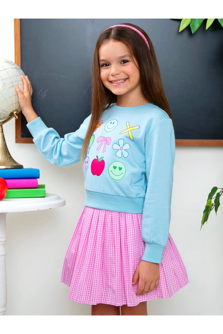 Happy School Days Sweatshirt and Gingham Skirt Set, Alternate, color, Blue