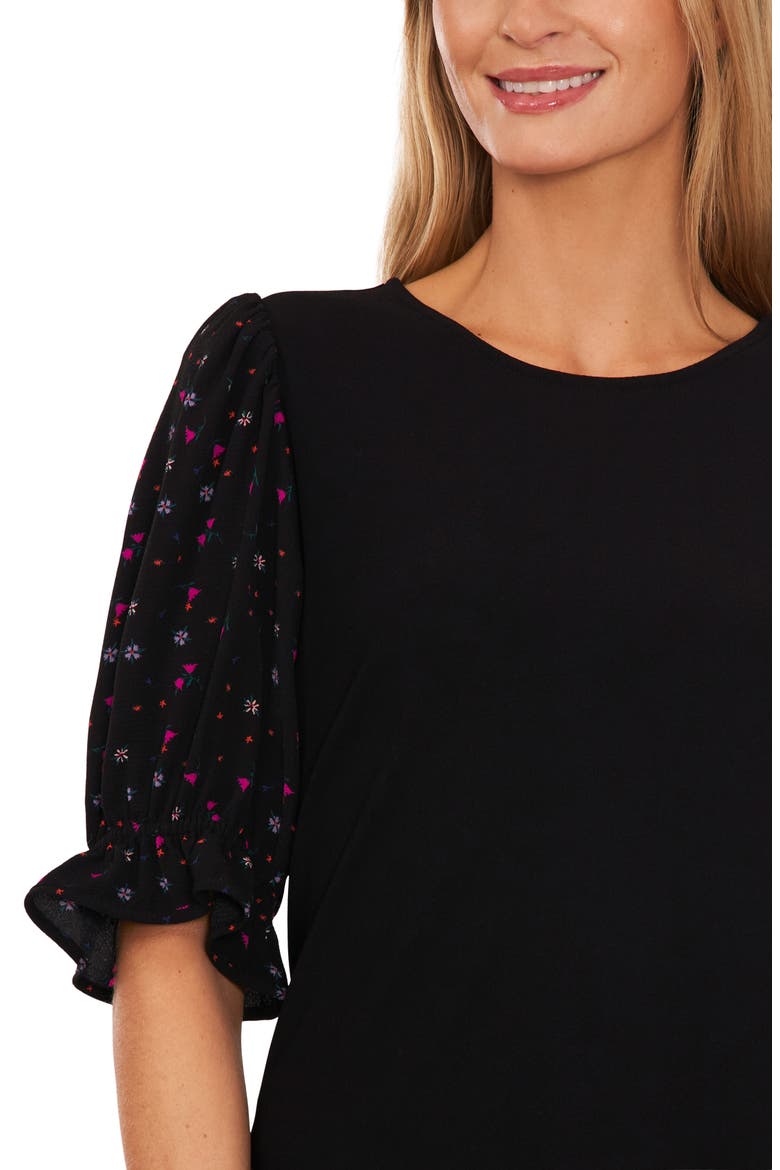 Mixed Media Puff Sleeve Top, Alternate, color, RICH BLACK