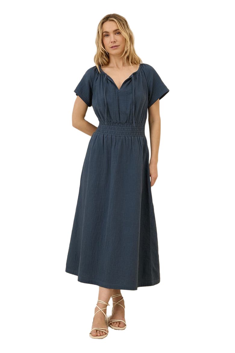 Organic Cotton Coastal Double Gauze Boho Midi Dress, Main, color, French Navy
